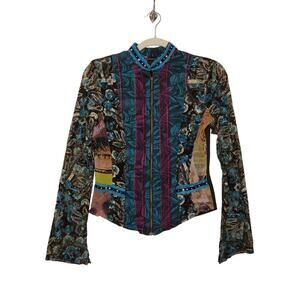 Vintage y2k Full Zip Boho Micromesh Beaded Bell Sleeves Fairy Whimsy Hippie Euro